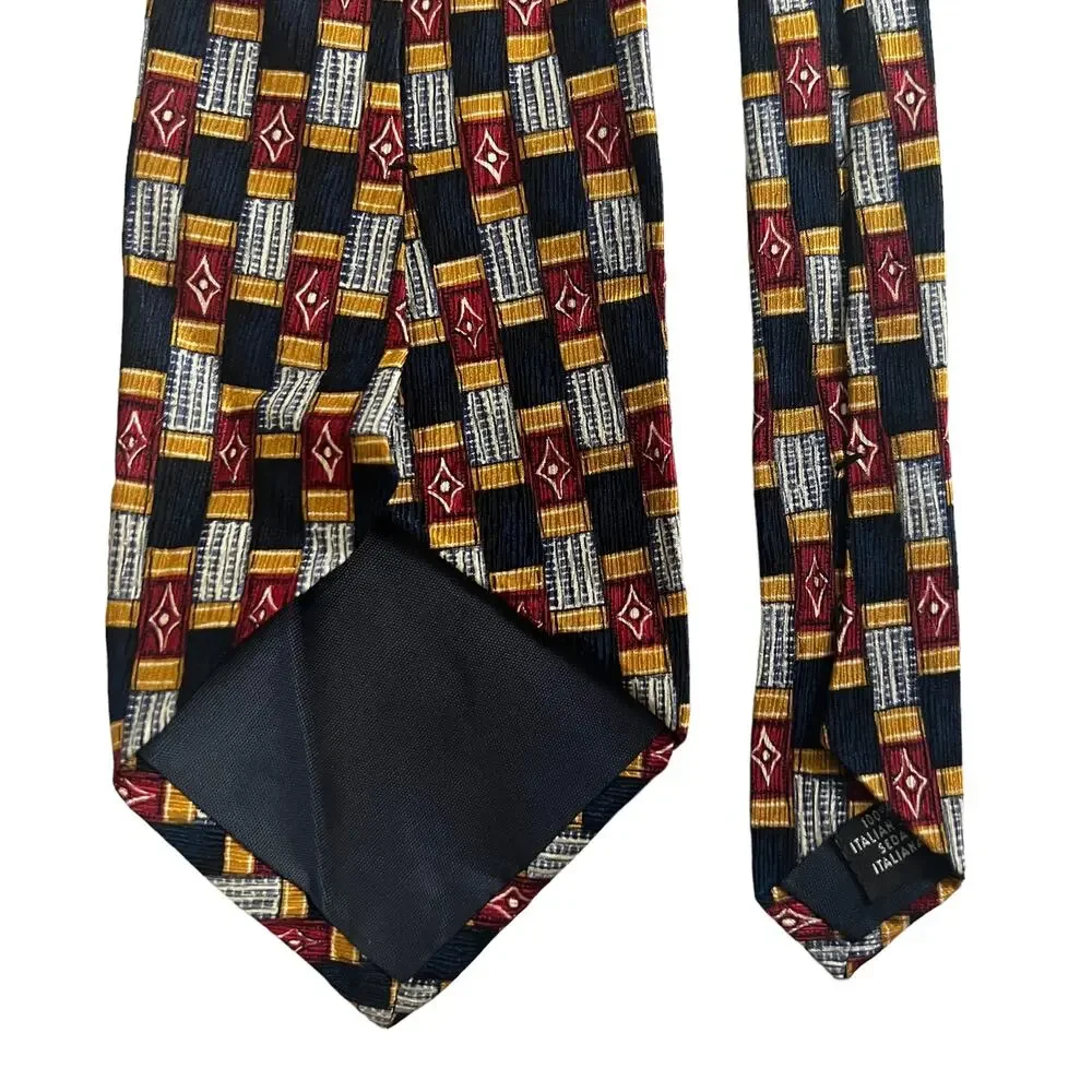 Krizia Uomo Italy Blue Red Yellow Rectangle Diamond Geometric Silk Tie